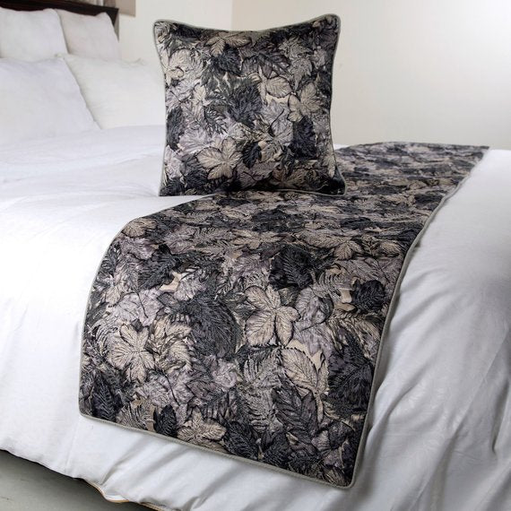 Satin Grey Nature Floral Modern Bed Runner with Pillow Cover