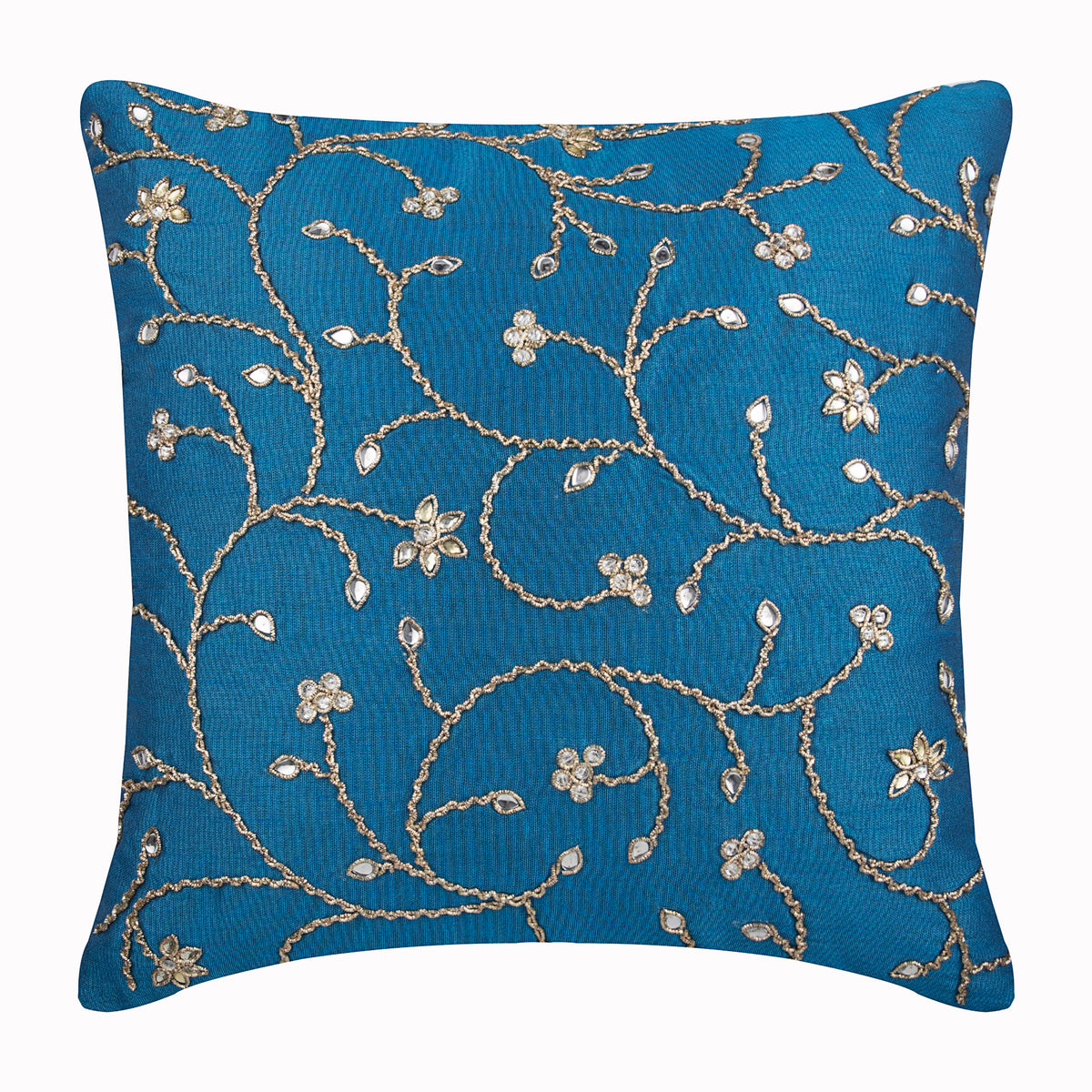 Blue Art Silk Zardozi Throw Pillow Cover Peacock Blue Ivy The