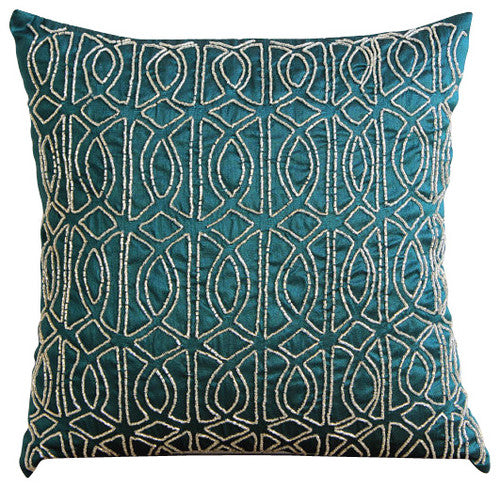 Royal Peacock Green Art Silk Throw Pillow Cover Geometric Royal